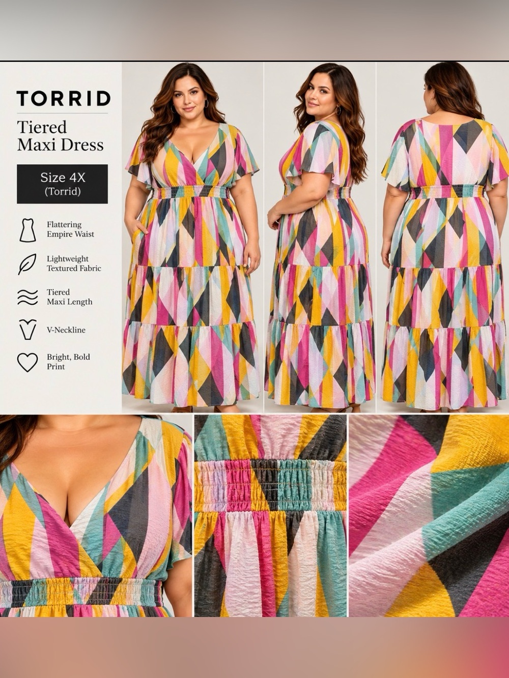 torrid Multicolor Geometric Tiered Maxi Dress - Pink, Yellow, Teal, Gray